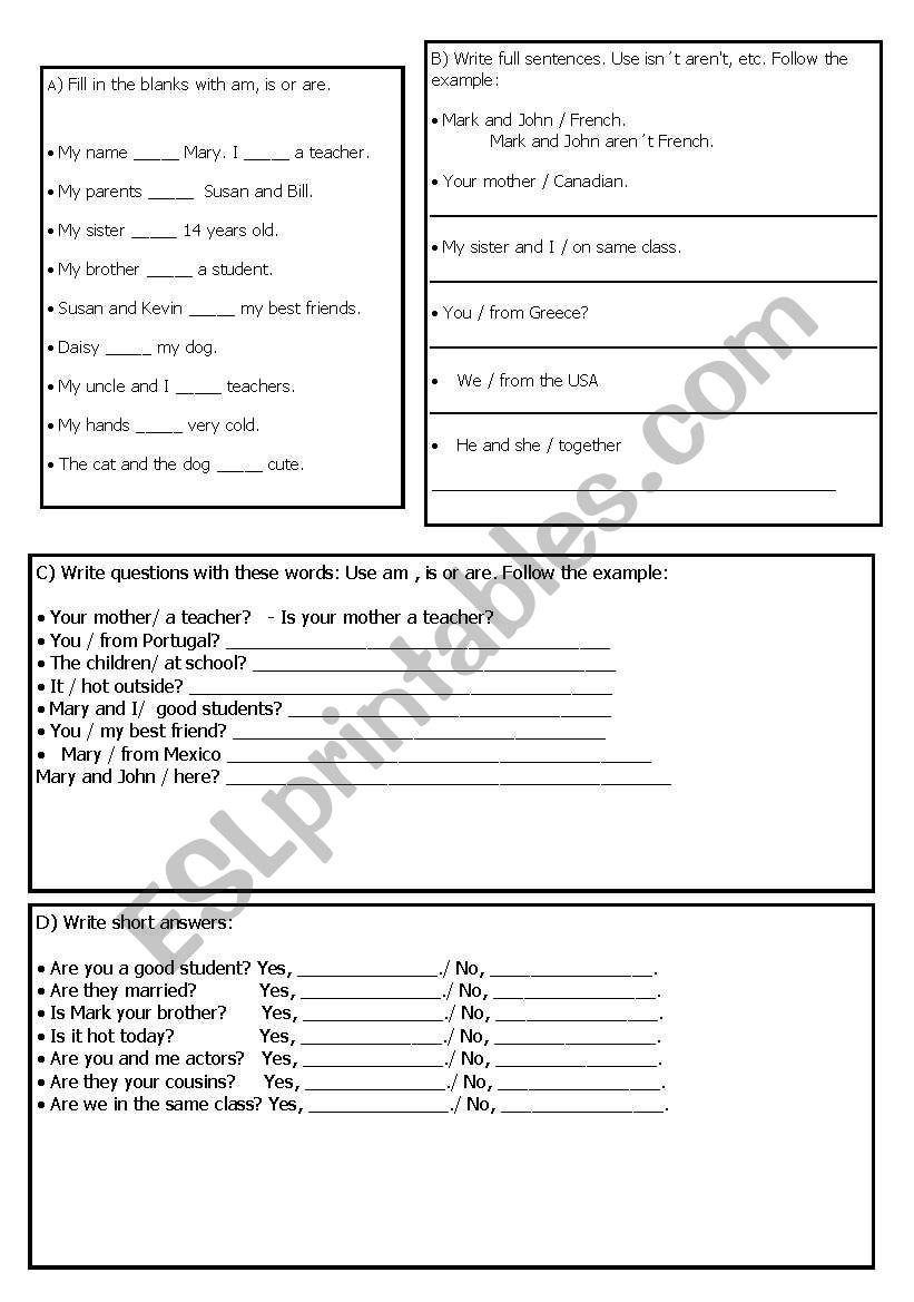 verb to be worksheet