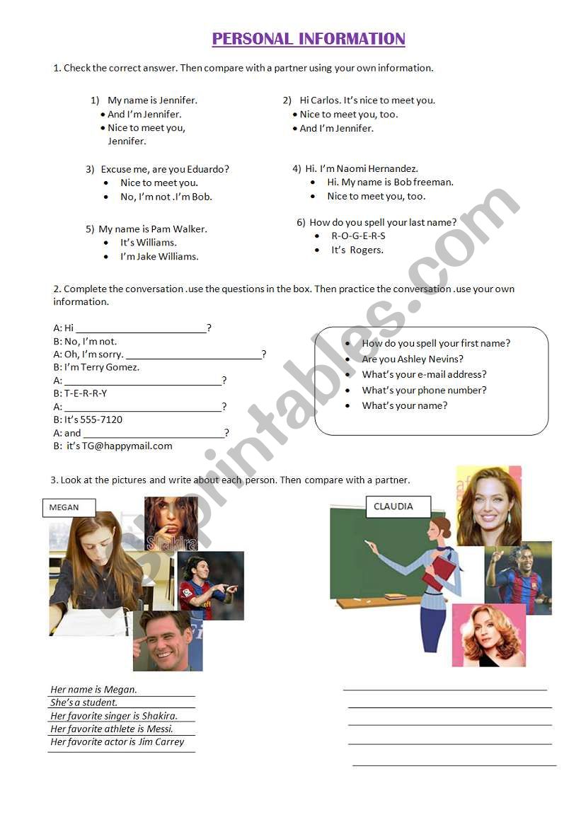 PERSONAL INFORMATION worksheet