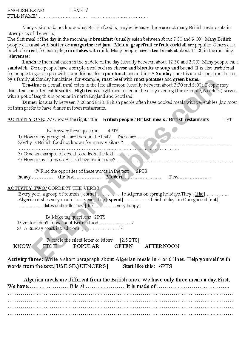 ENGLISH EXAM worksheet