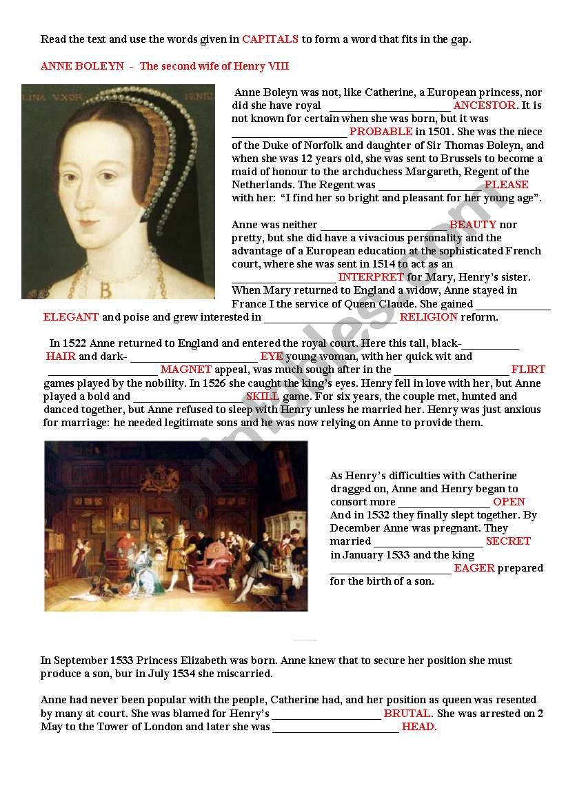 THE SECOND WIFE OF HENRY VIII worksheet