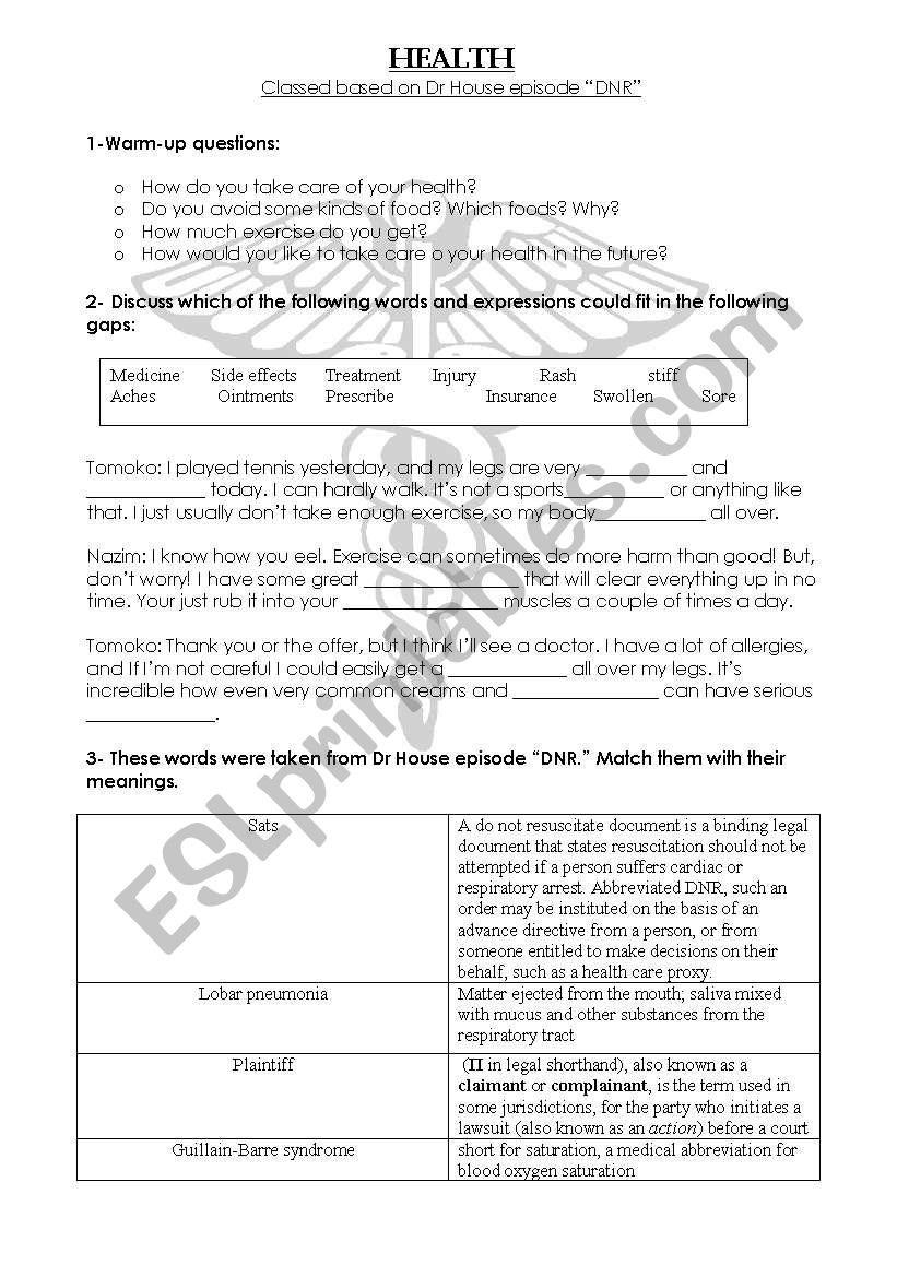 Dr House- Season 1 Episode  worksheet