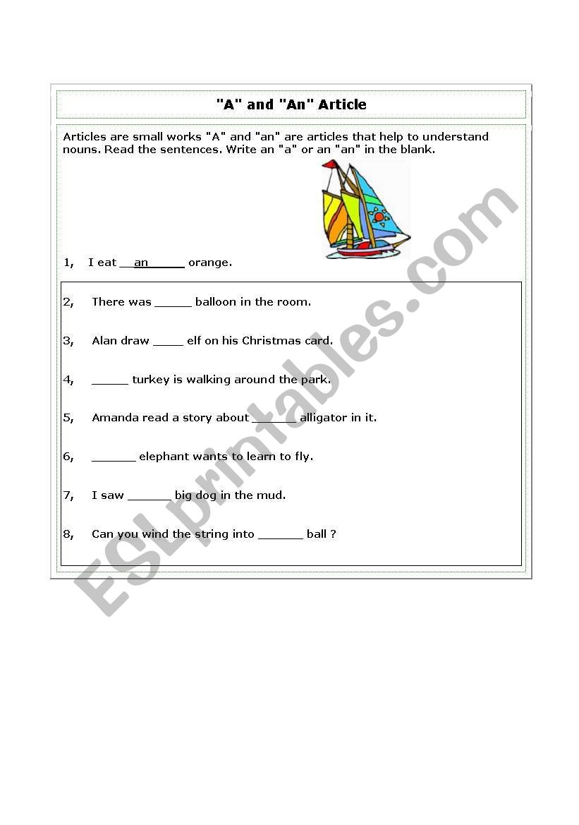 Indefinitive articles worksheet