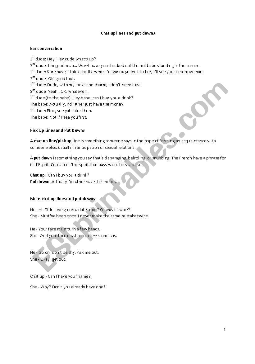 Chat up lines and put downs worksheet