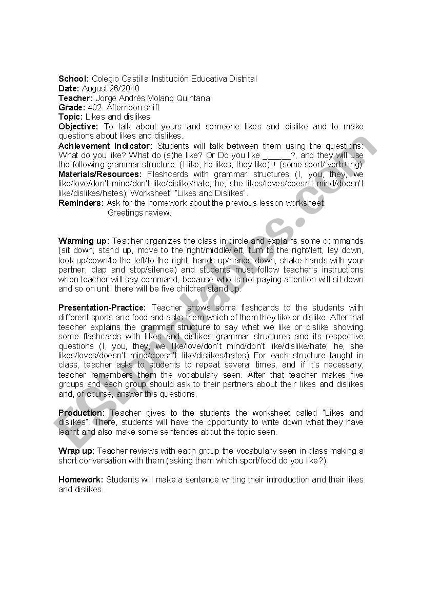 Likes and Dislikes worksheet
