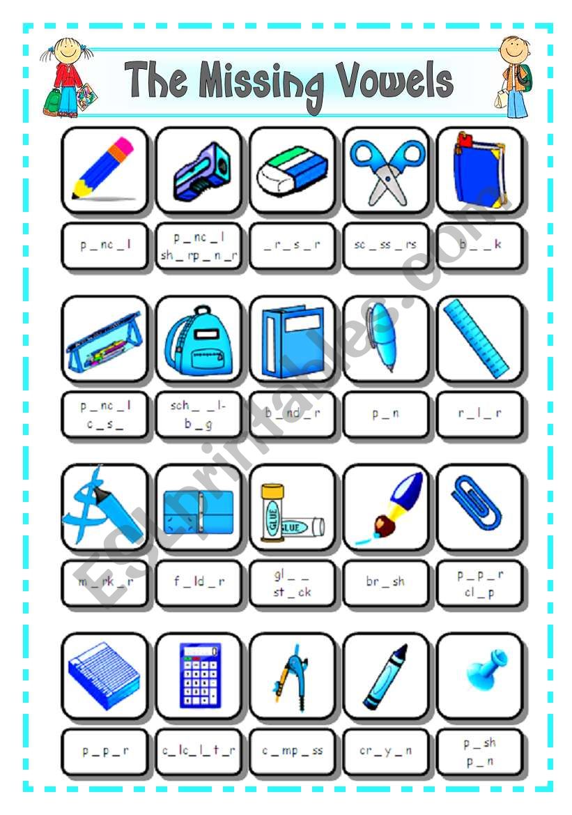 SCHOOL SUPPLIES - CLASSROOM OBJECTS (3) - THE MISSING VOWELS - # 8