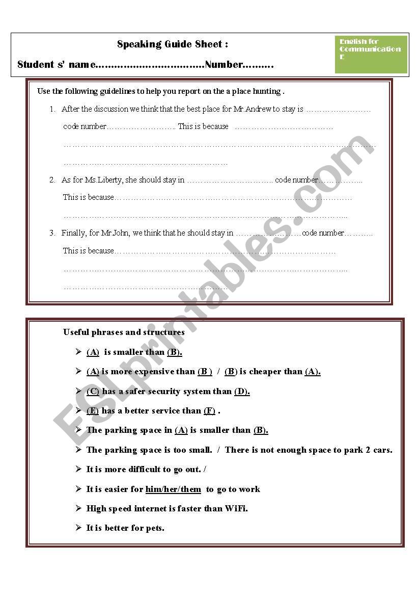 Speaking Guide Sheet : Place Hunting
