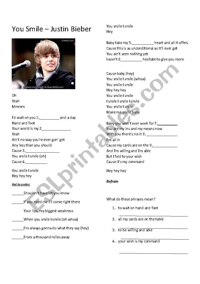 You Smile - Justin Bieber worksheet