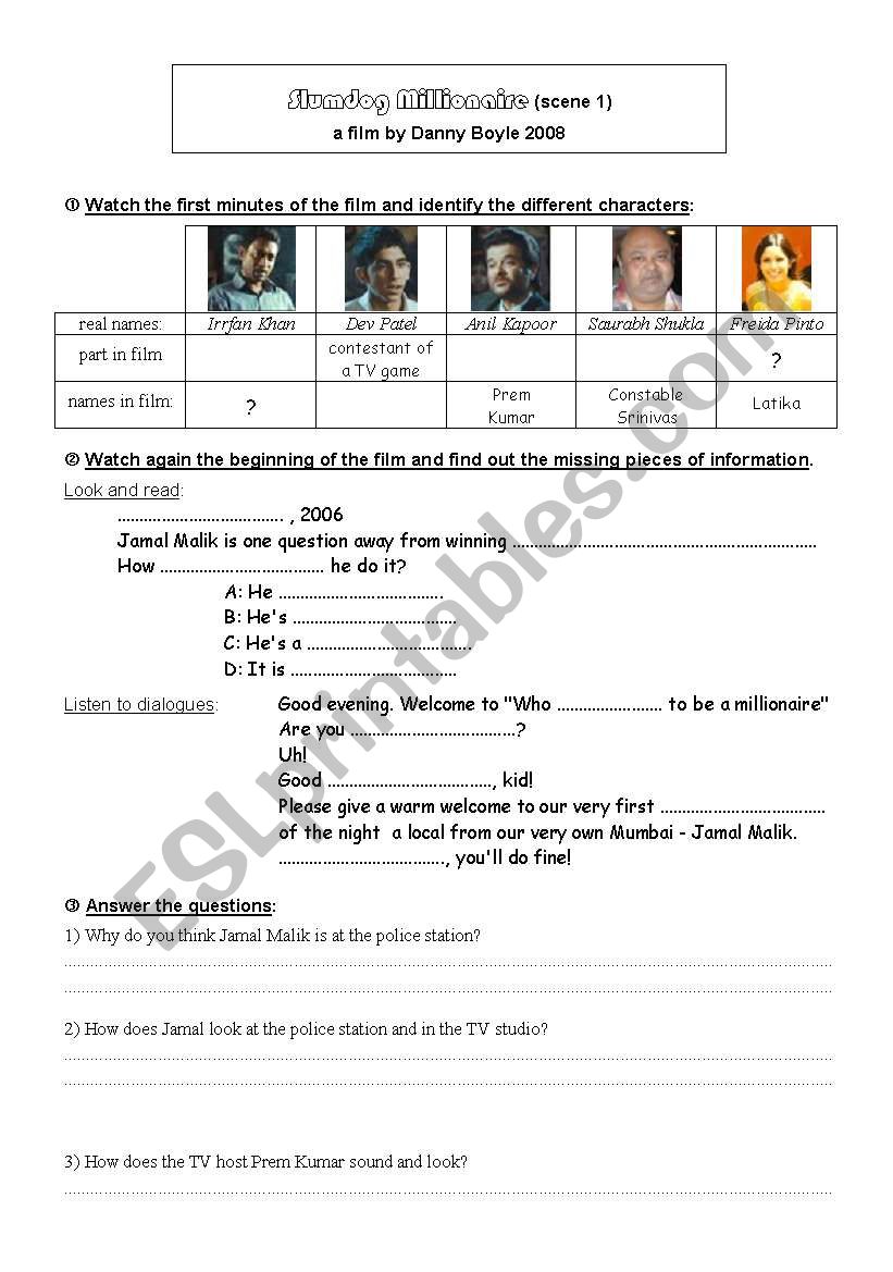 slumdog millionaire worksheet