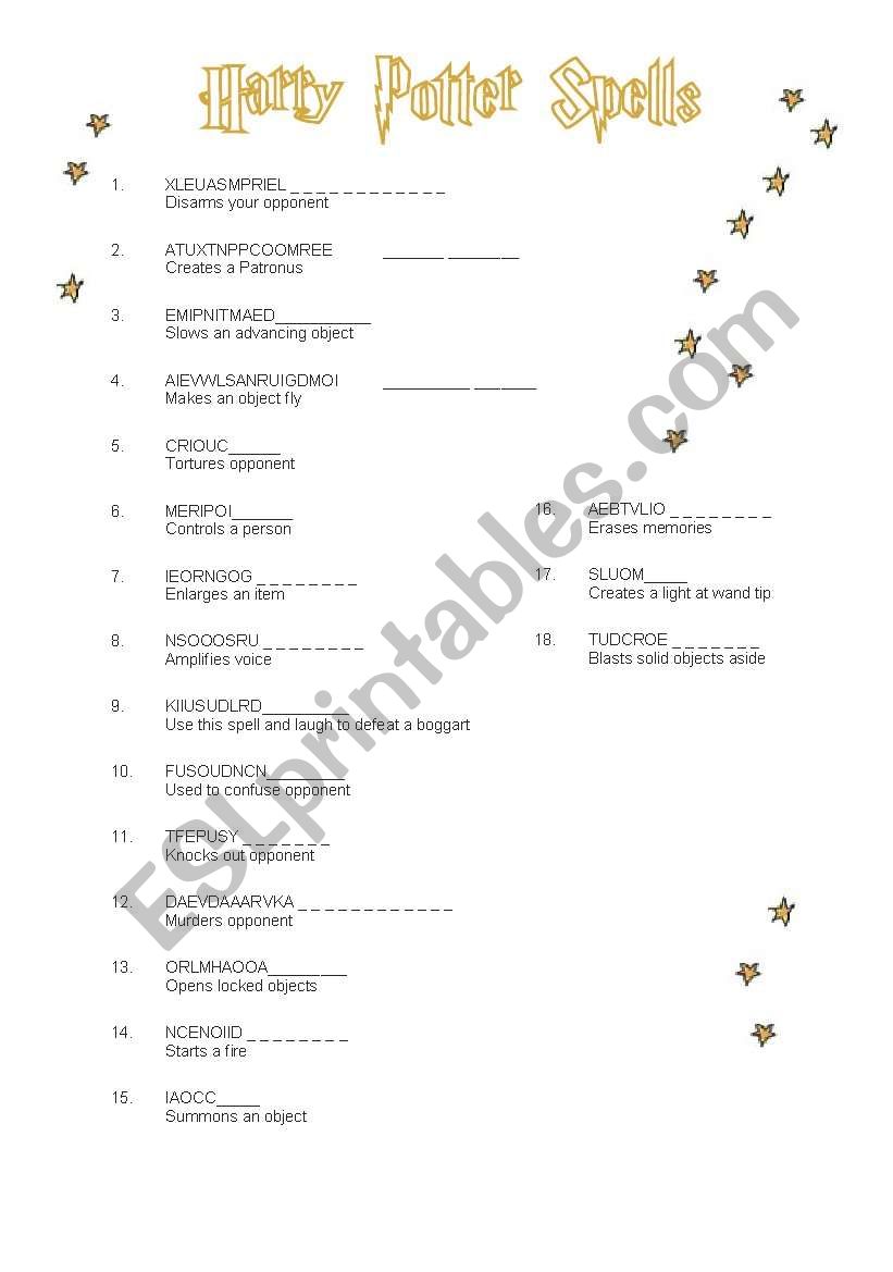 Harry Potter Spells Word Scramble 1/2