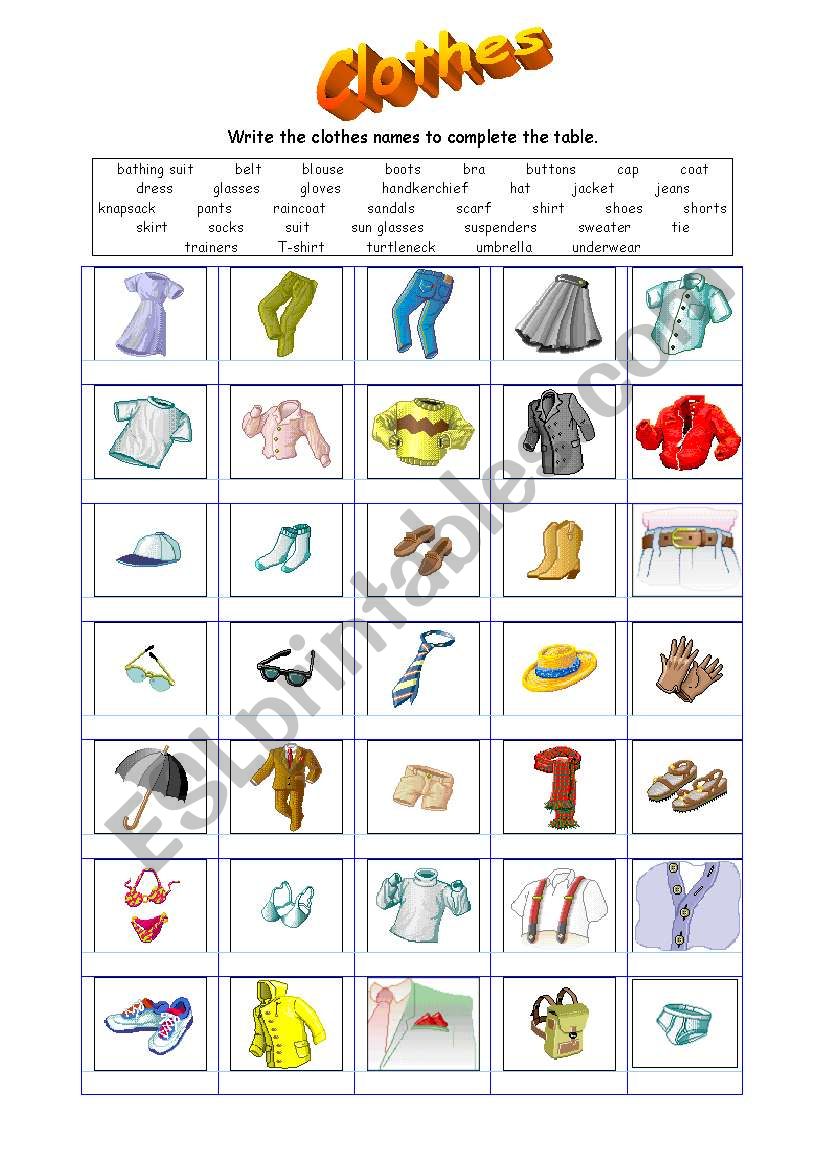 Clothing vocabulary worksheet