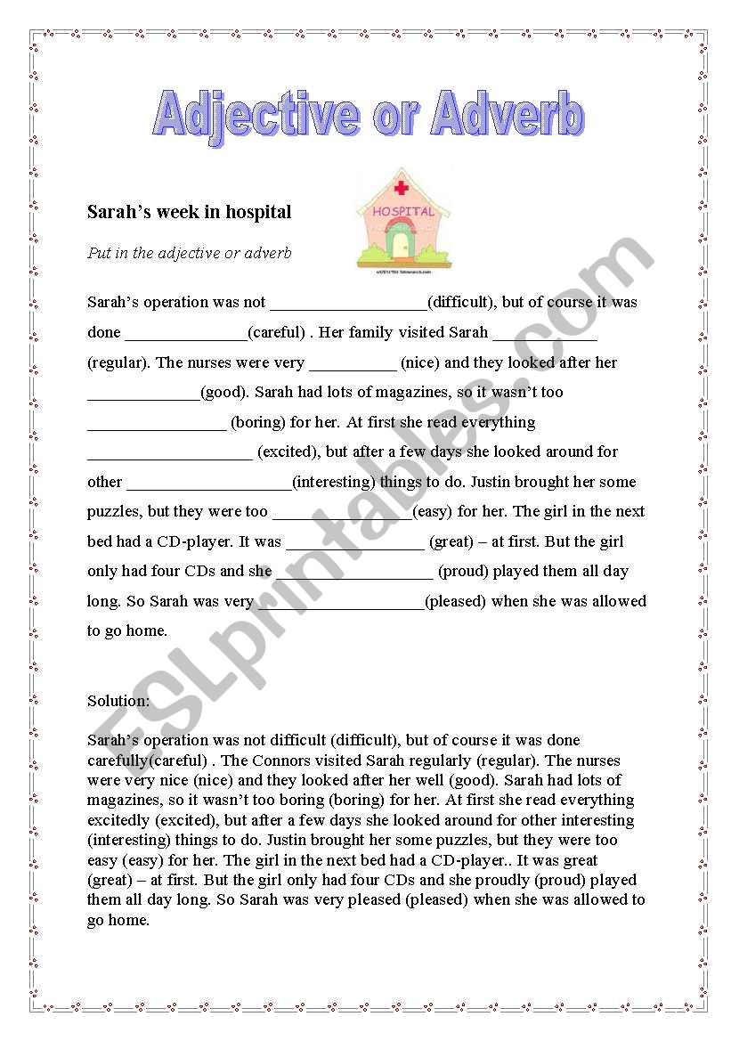 Sarahs week in hospital worksheet