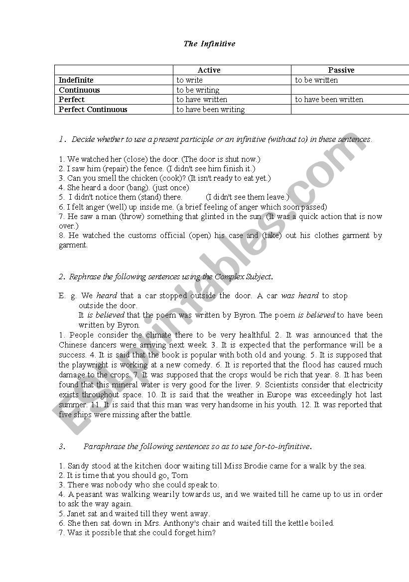 The infinitive exercises worksheet