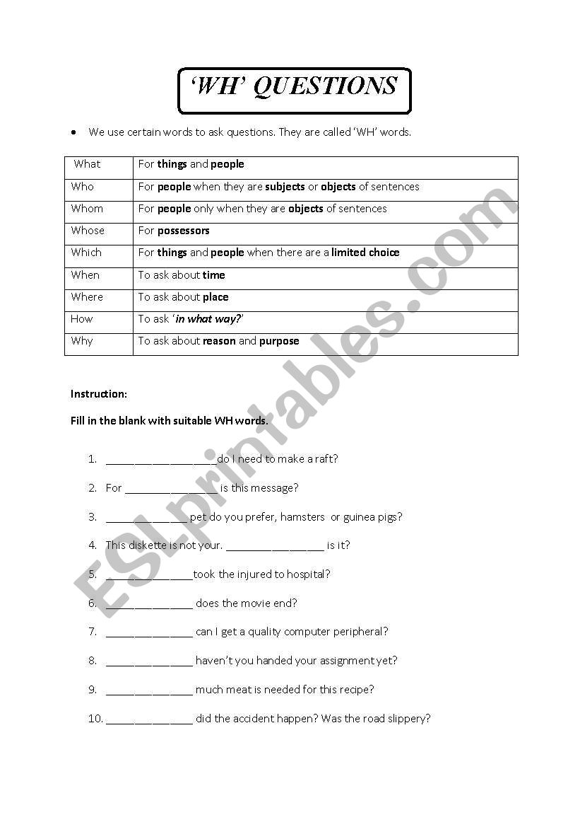 notes & exercise on WH-questions