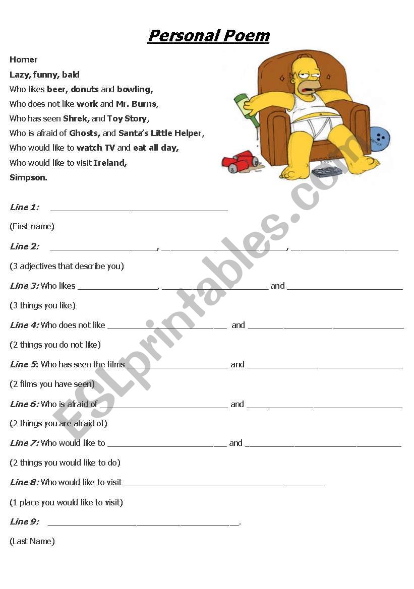 Personal Poem worksheet