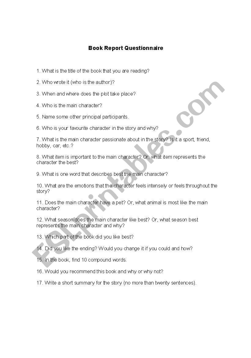 Book Report Questionnaire worksheet