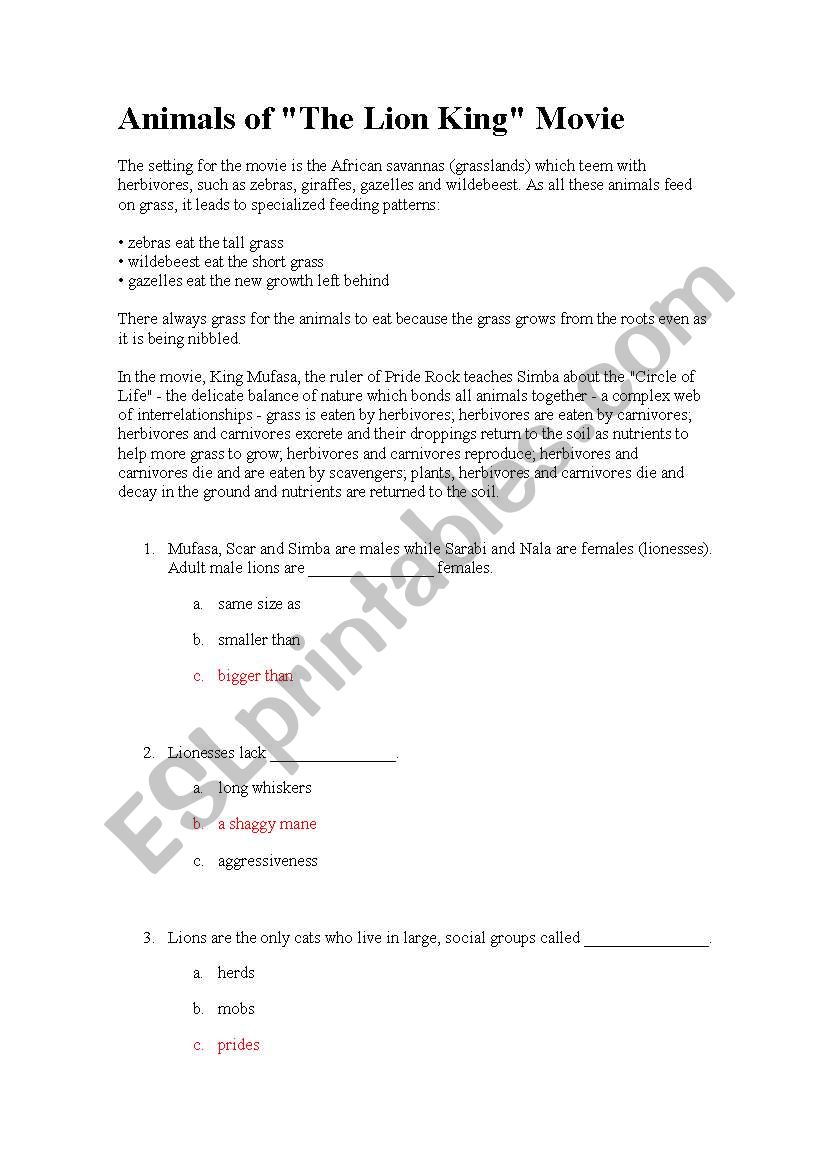 The Lion King worksheet