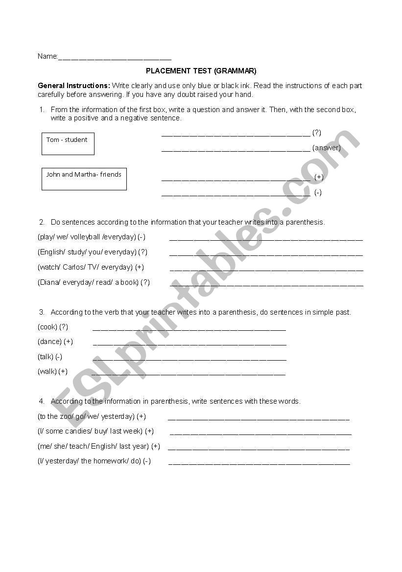 Placement test (intermediate) worksheet