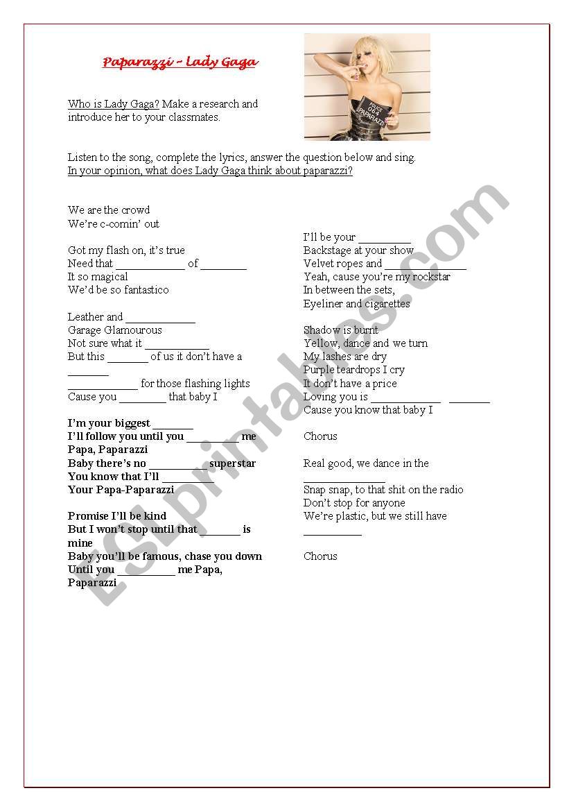 Lady Gaga - Paparazzi worksheet