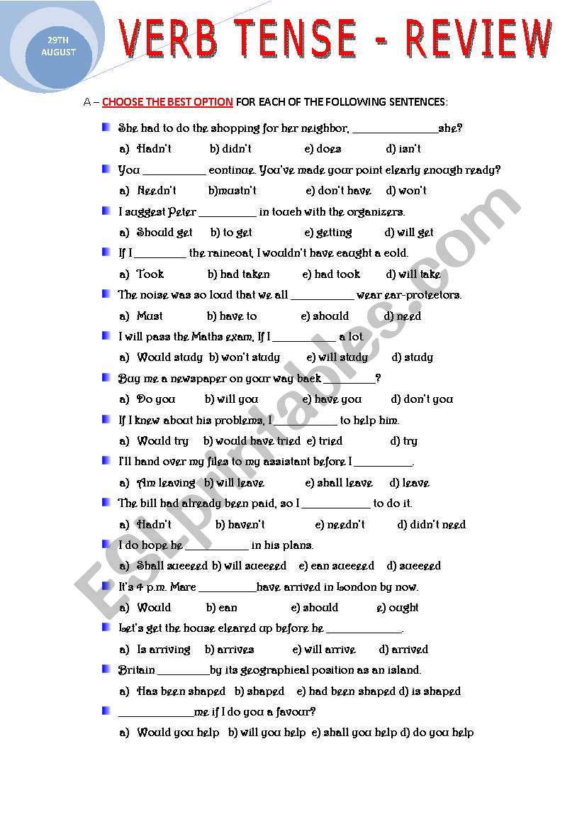 VERB TENSE REVIEW ESL Worksheet By Ascincoquinas