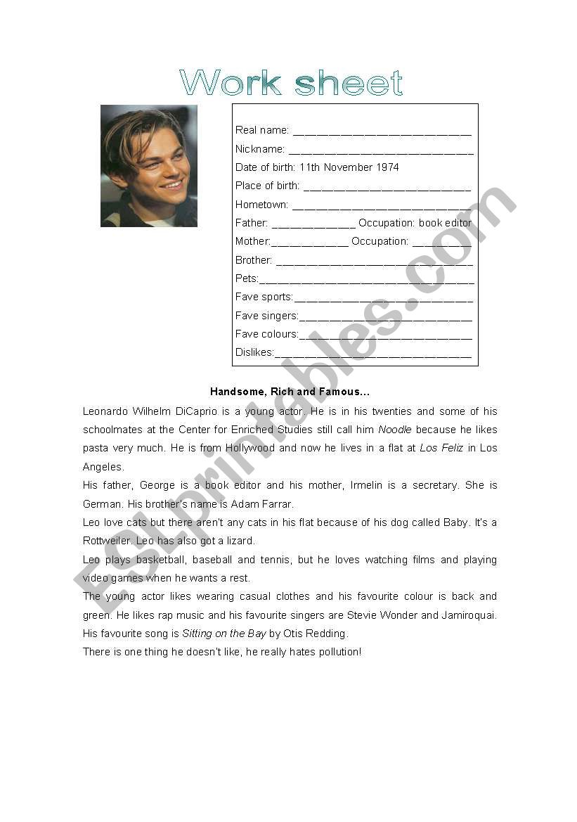 Leonardo DiCaprio worksheet