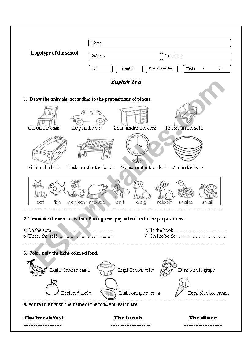 English test 2 (Prepositions of places/ Food)