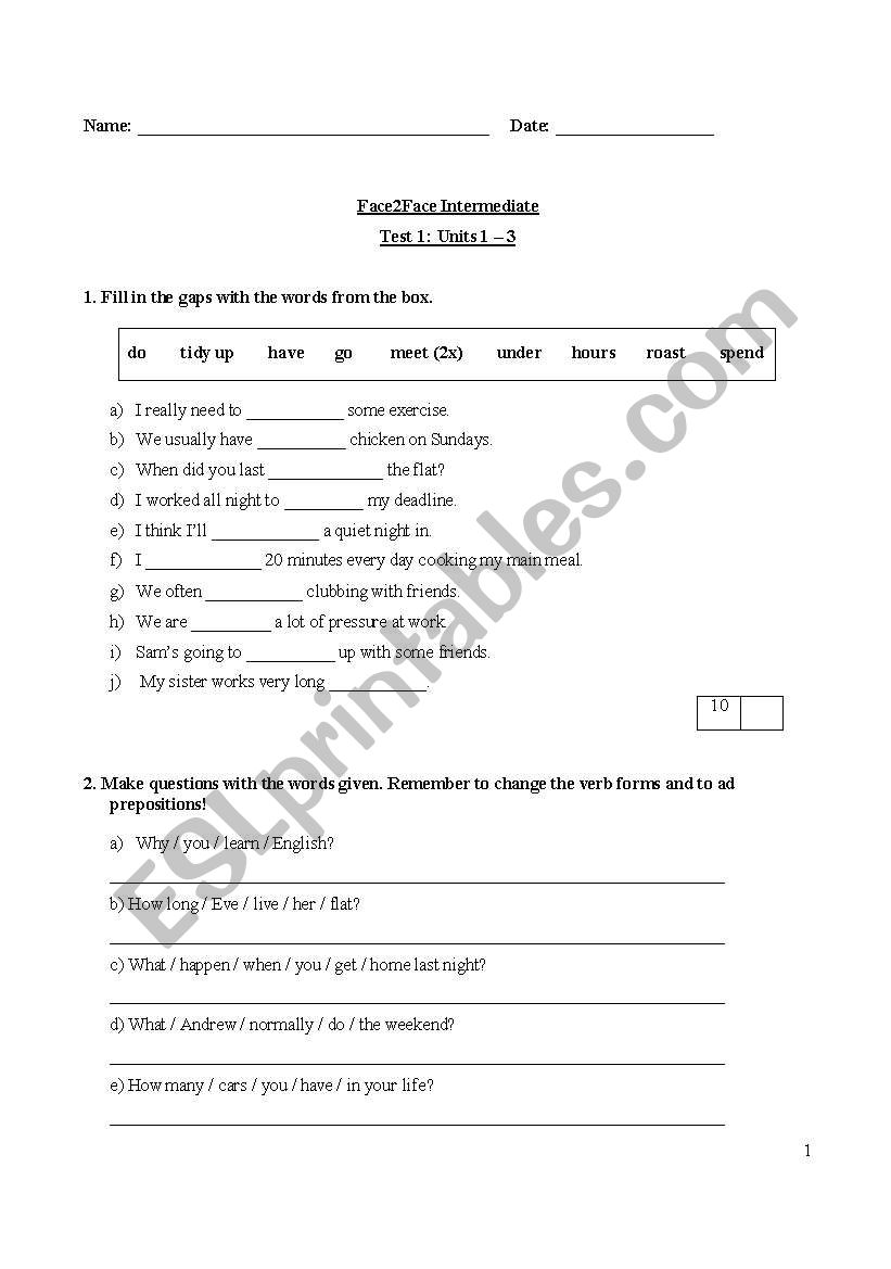 Face2Face Intermediate Test 1 worksheet