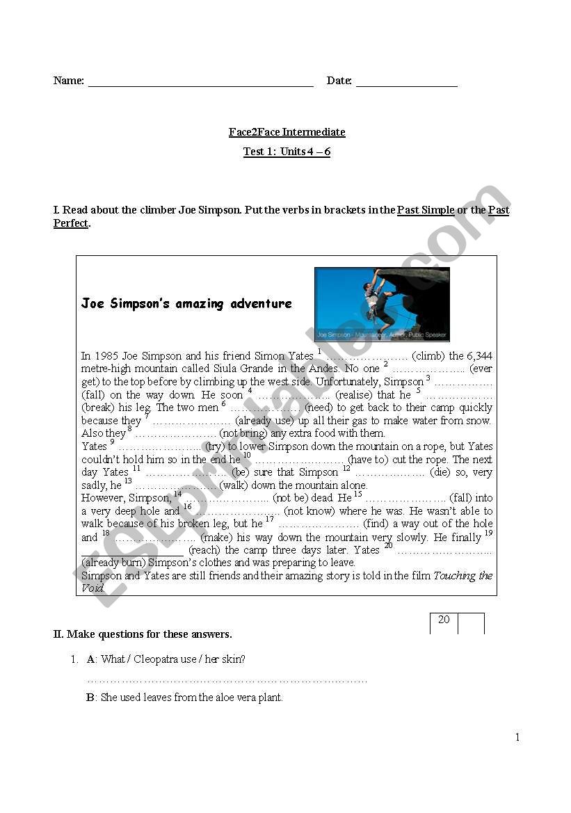 Face2Face Intermediate Test 2 worksheet