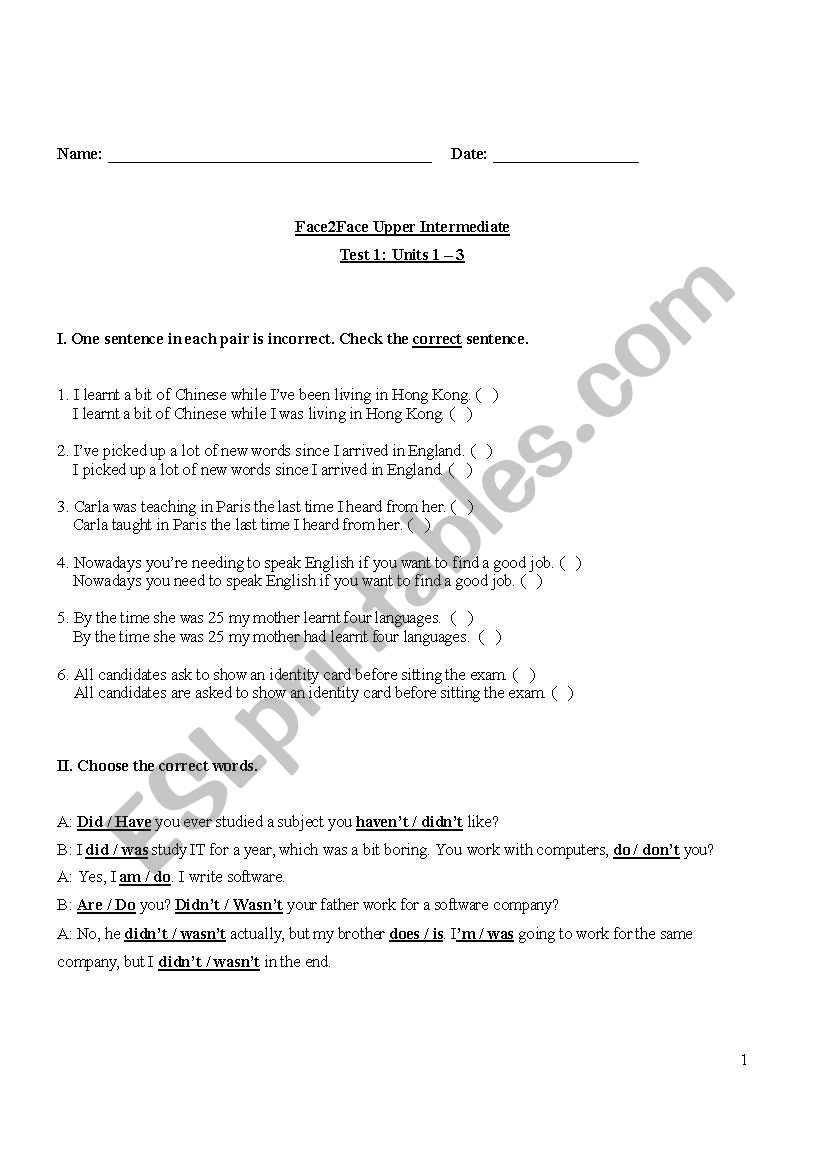 Face2Face Upper Intermediate Test 1