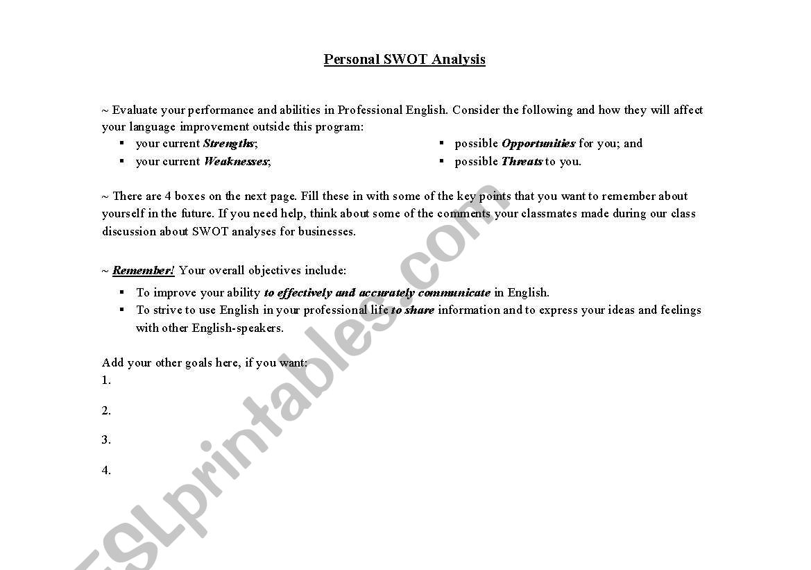 Personal SWOT Analysis (Int+) worksheet