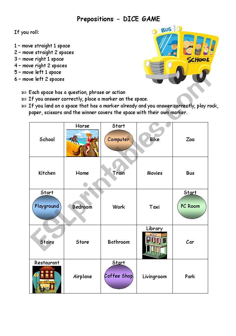 Prepositions - Dice Game worksheet