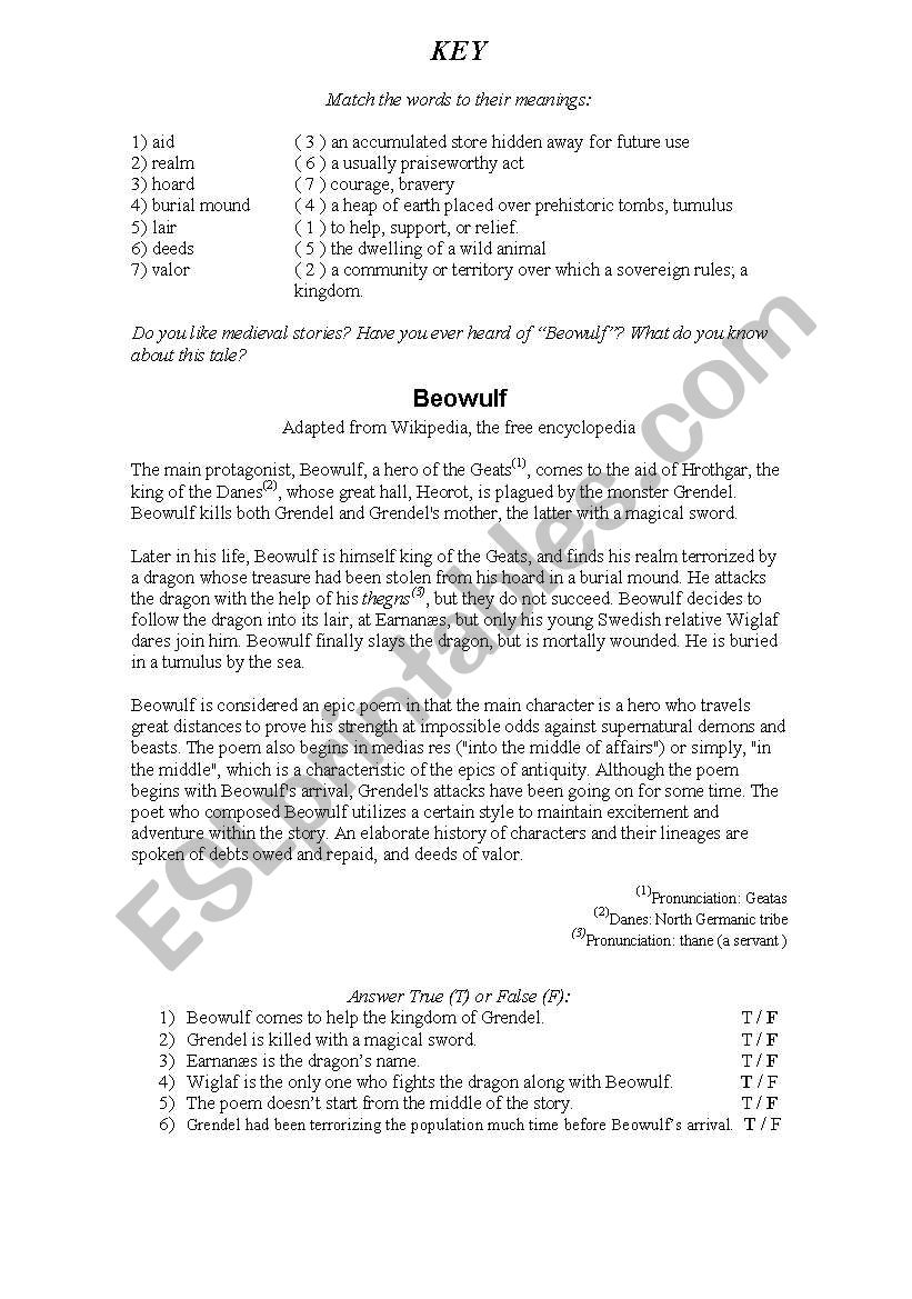 Beowulf Reading Exercise worksheet