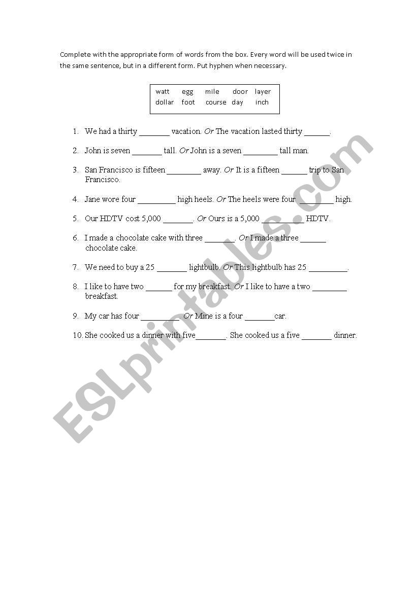 Numbers as adjectives worksheet