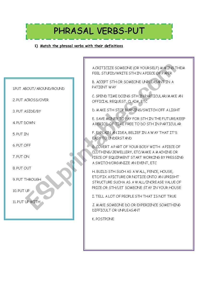 PHRASAL VERBS-PUT worksheet