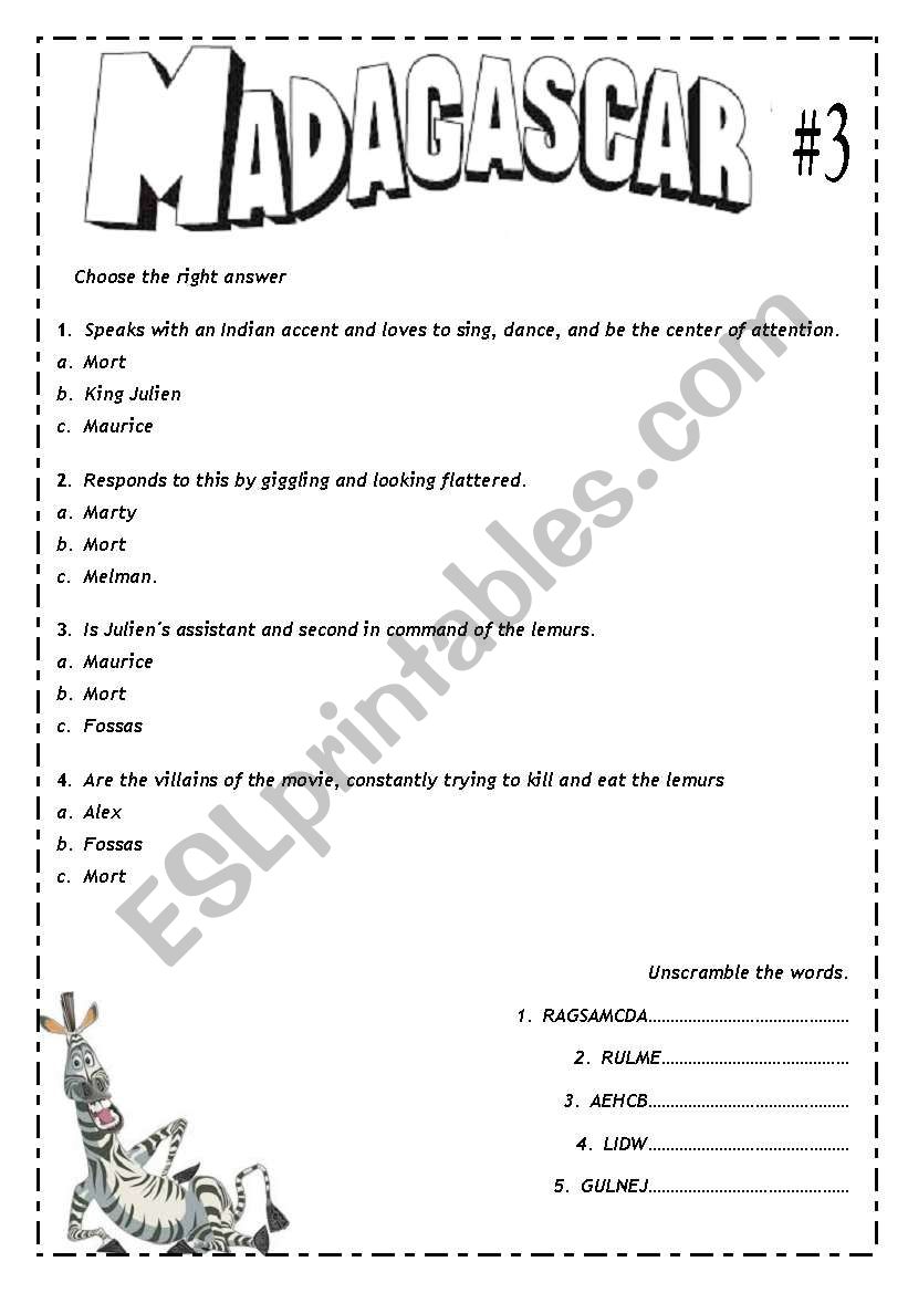 Madagascar- Movie Worsheet 3/4 + Movie Worsheet 4/4 + Key (5 pages)