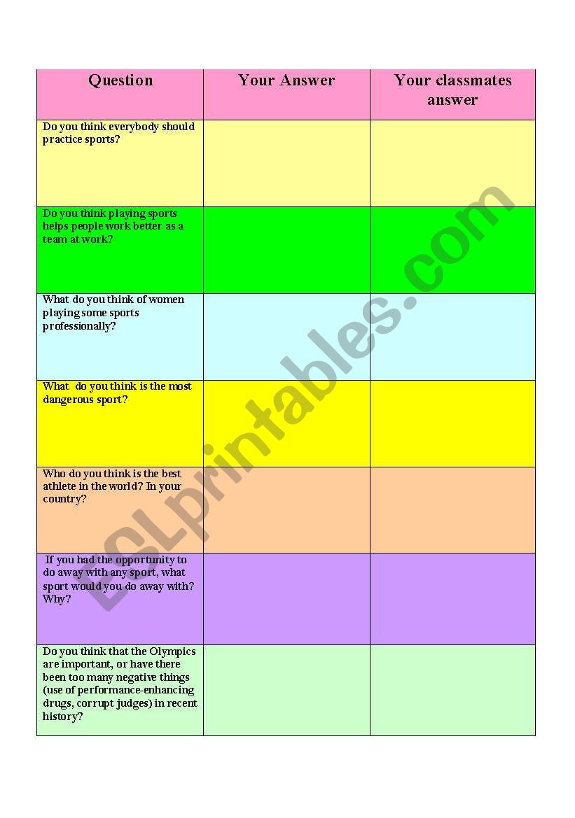 sports questionnaire worksheet