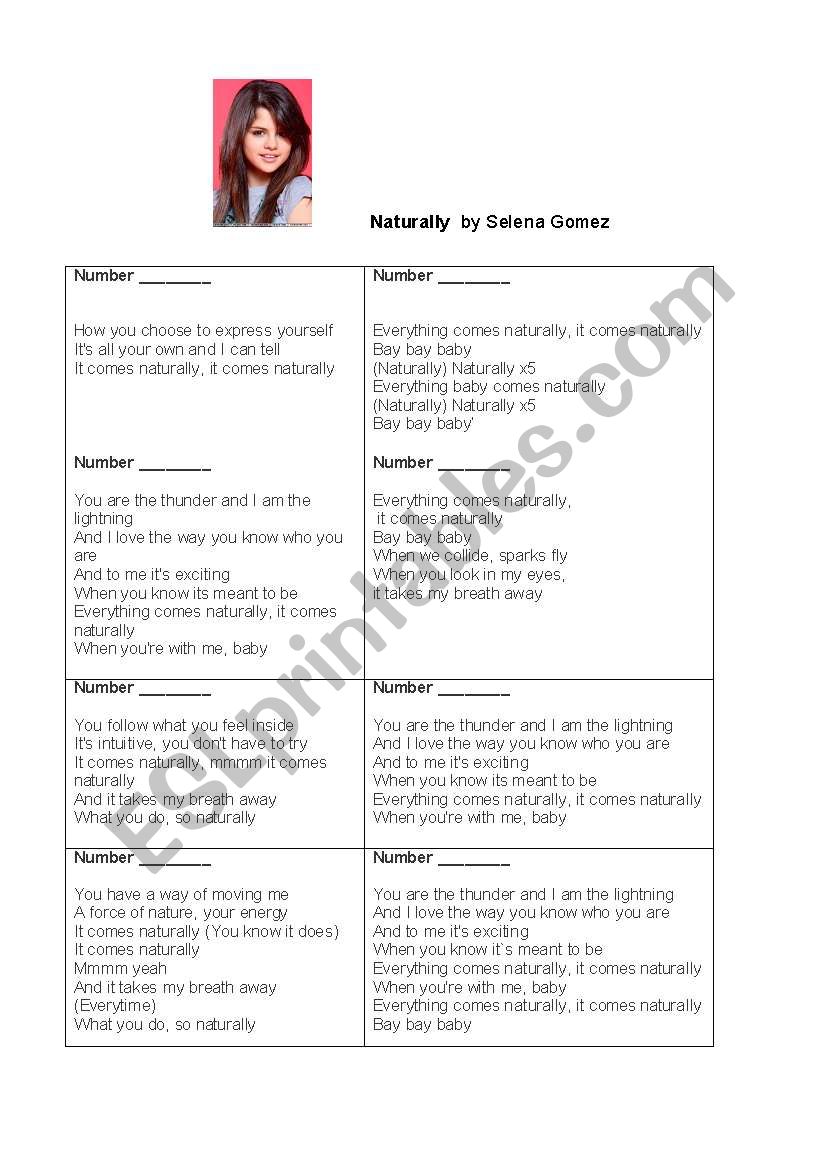 Naturally by Selena Gomez worksheet