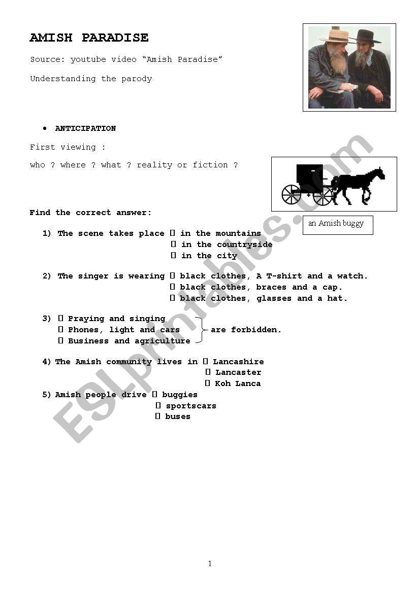 Amish Paradise worksheet worksheet