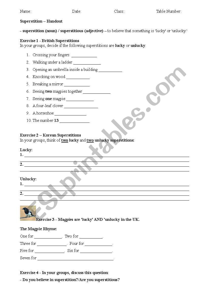 British superstitions worksheet