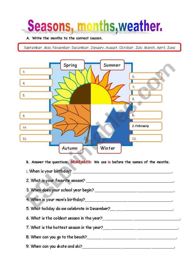 Seasons, months,weather worksheet