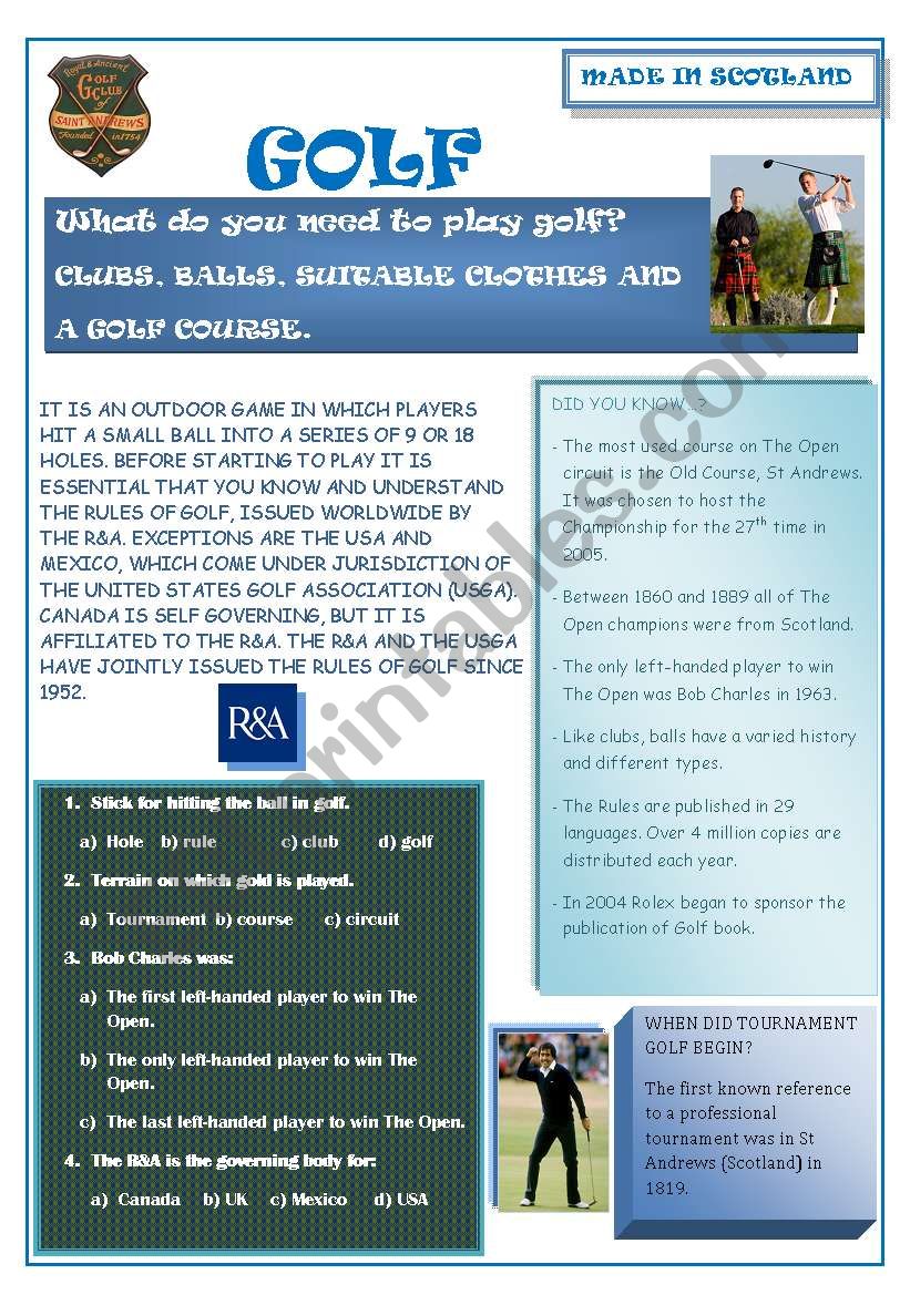 Scotland: golf (editable) worksheet