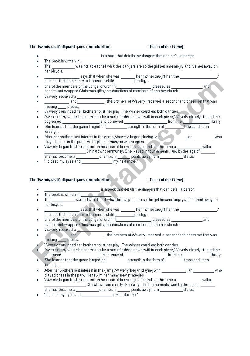 Joy Luck Club (Twenty Six Malignant Gates) worksheet