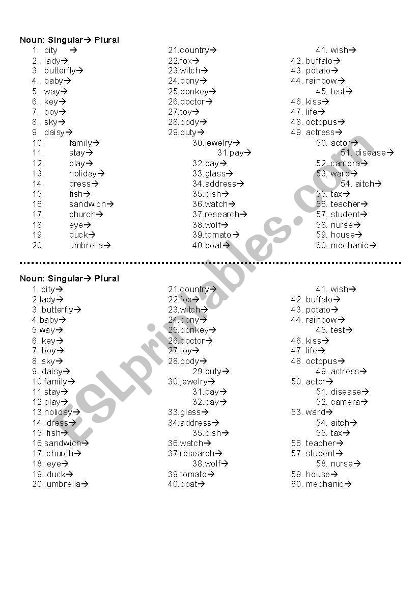 singular vs plural noun worksheet