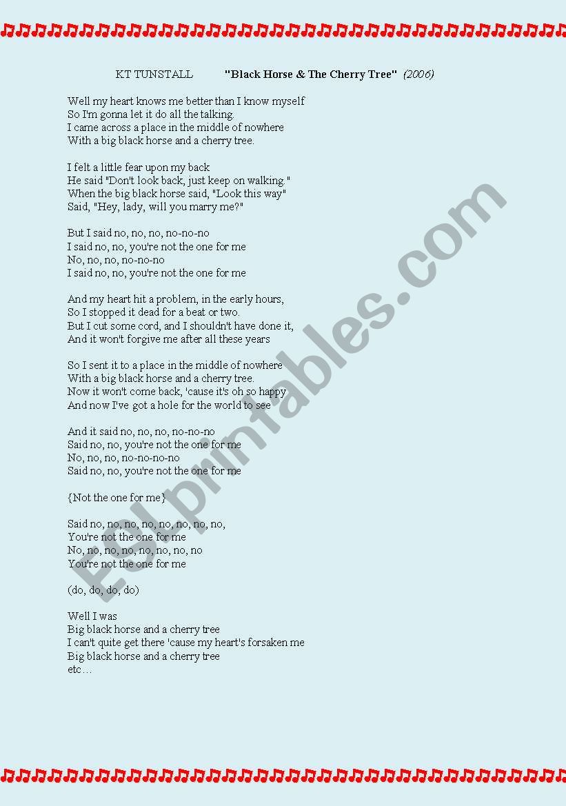English worksheets ´Black Horse and Cherry Tree´ Song Listening