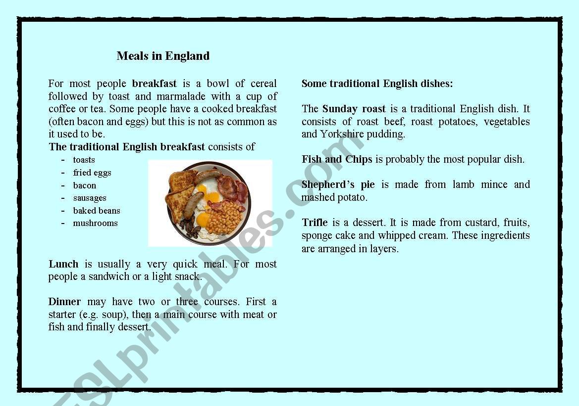 Meals in England - UPDATED VERSION! With True or False statements and Wordsearch