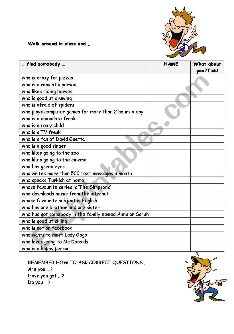 Find somebody who ... ; revision of Present Simple question formation