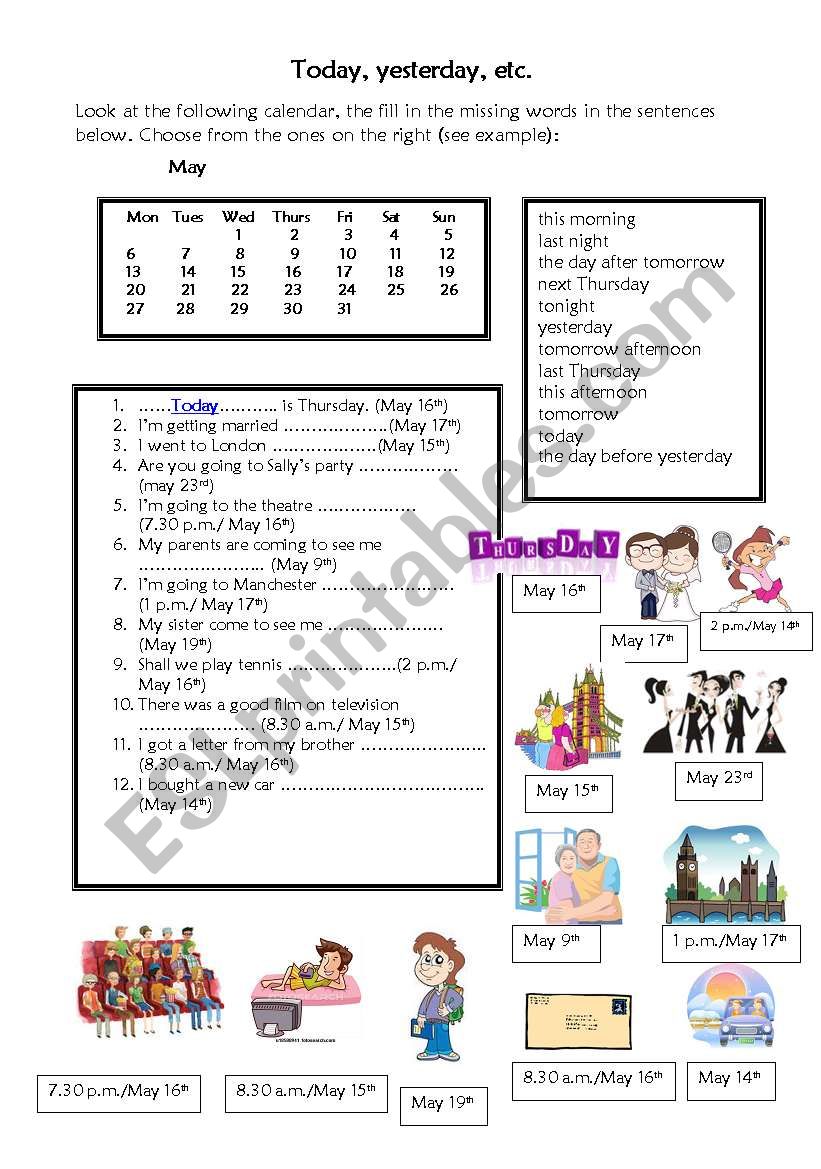 today, yesterday, etc. worksheet