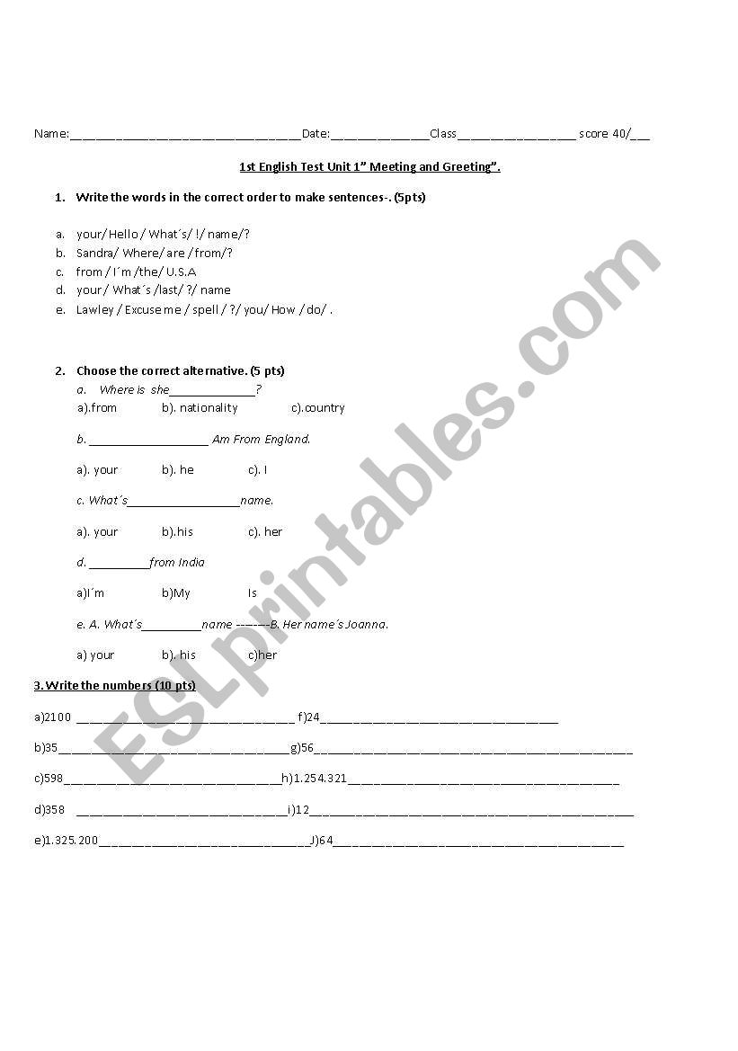 meeting and greeting test worksheet