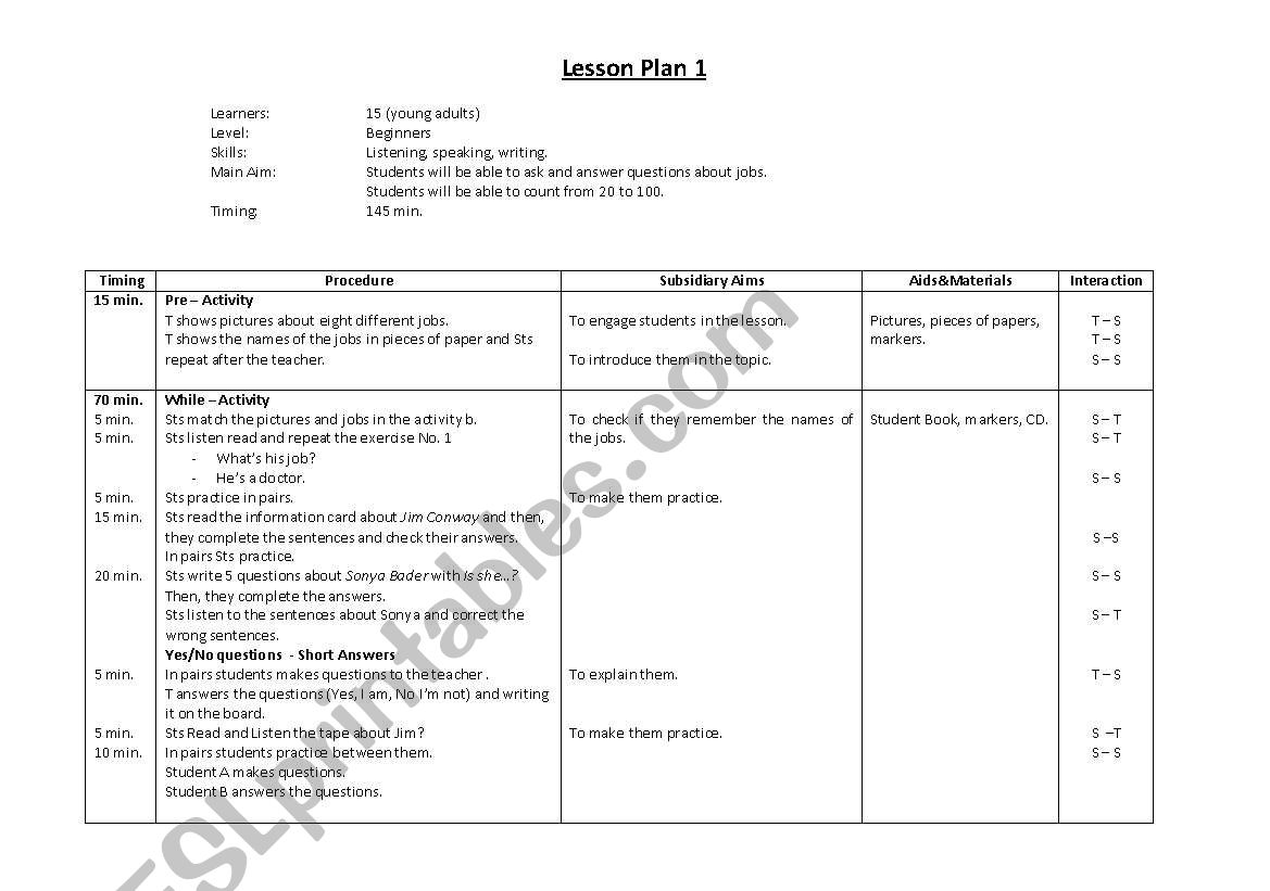 Jobs lesson plan worksheet