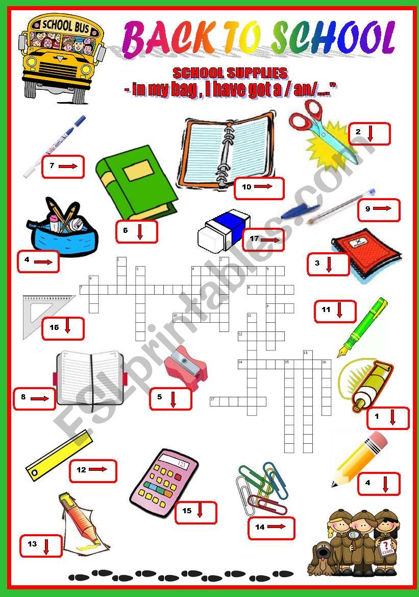 back to school - school supplies-crosswords 