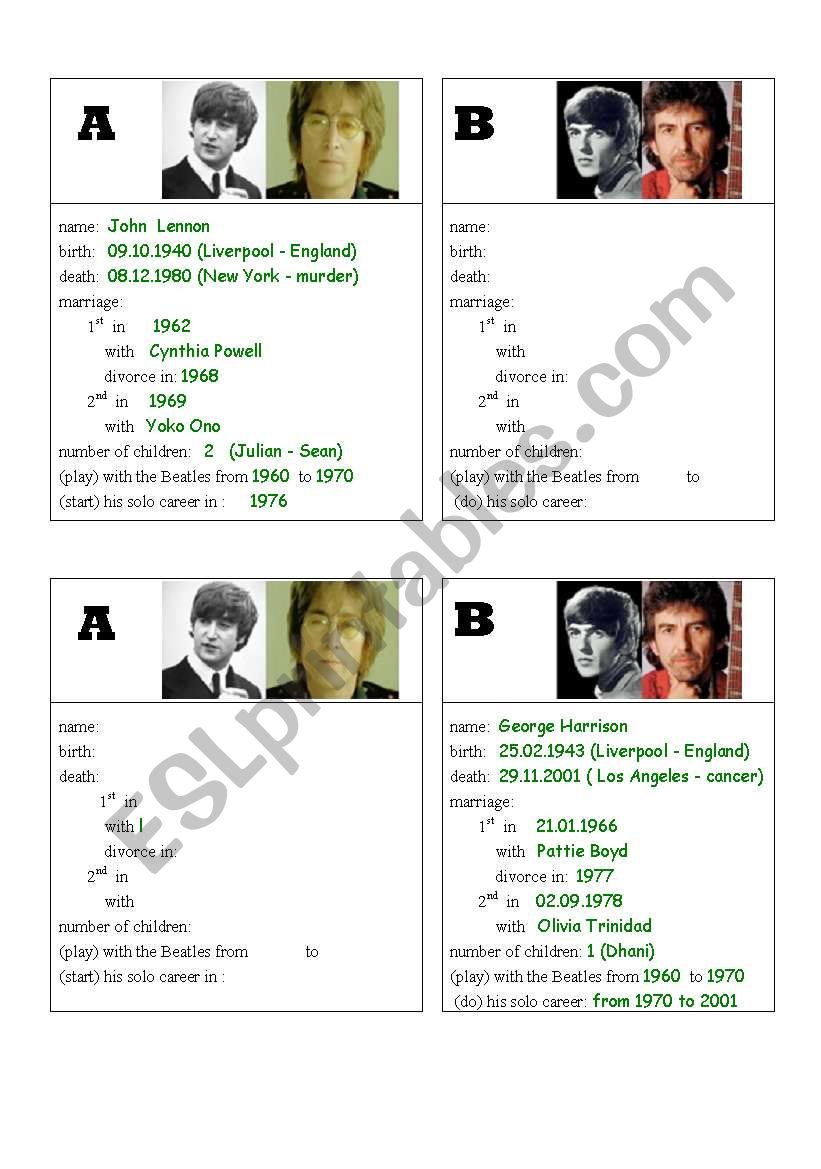 Beatles pair-work worksheet